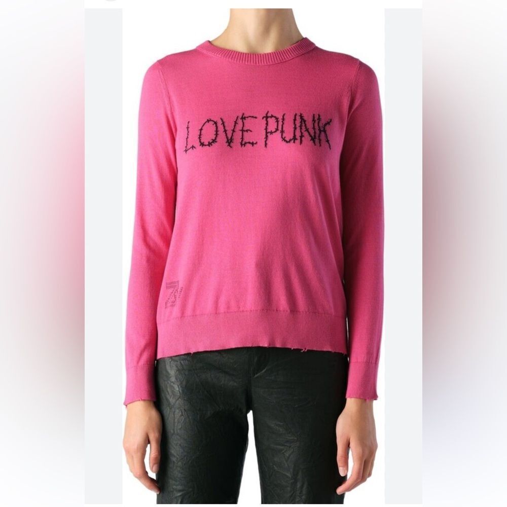 $368 Zadig & Voltaire Love Punk Intarsia Crewneck Sweater in Pink NWT